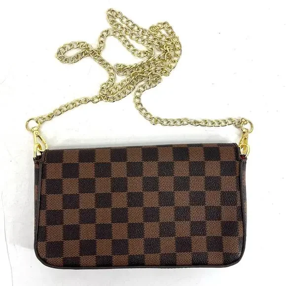 Unbranded Lux Brown Check Small Purse Long Gold Chain Red Lining Faux Leather - Picture 2 of 5